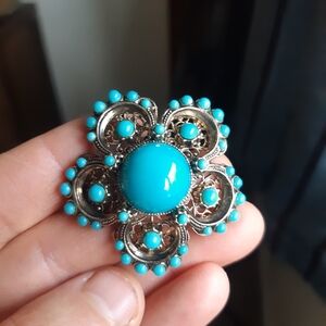 Turquoise Brooch Filigree Brass Metal